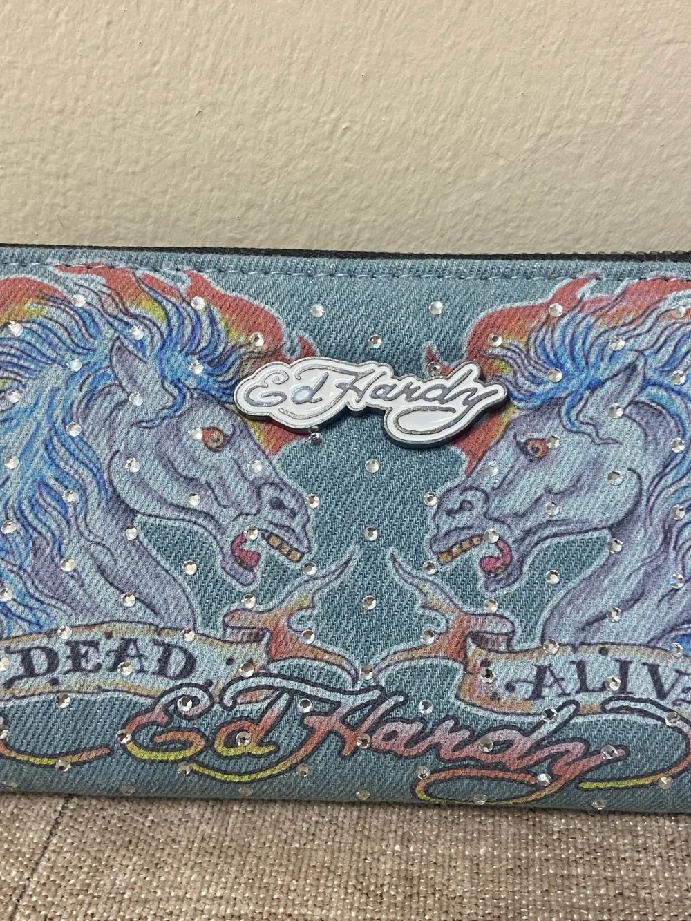 Ed Hardy Blue Graphic Zip Wristlet with Flame Horse Motif NWT